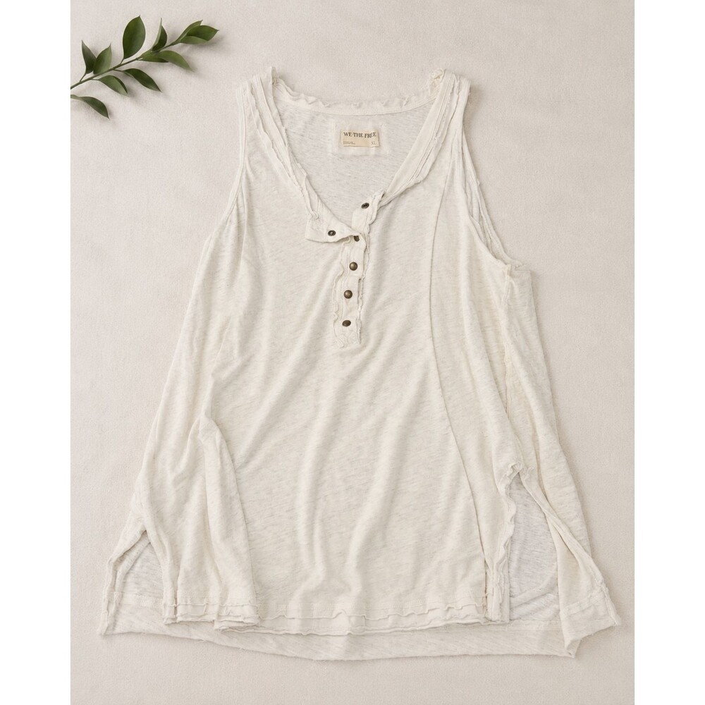 We The Free Love Language Henley Tank XL White Linen Cotton Raw Edge Free People
